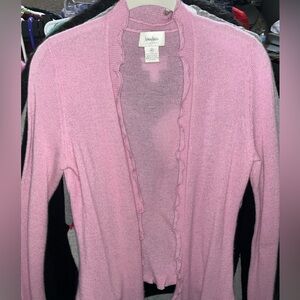 Neiman Marcus Pink Ruffle-Trim Open Cashmere Cardigan
